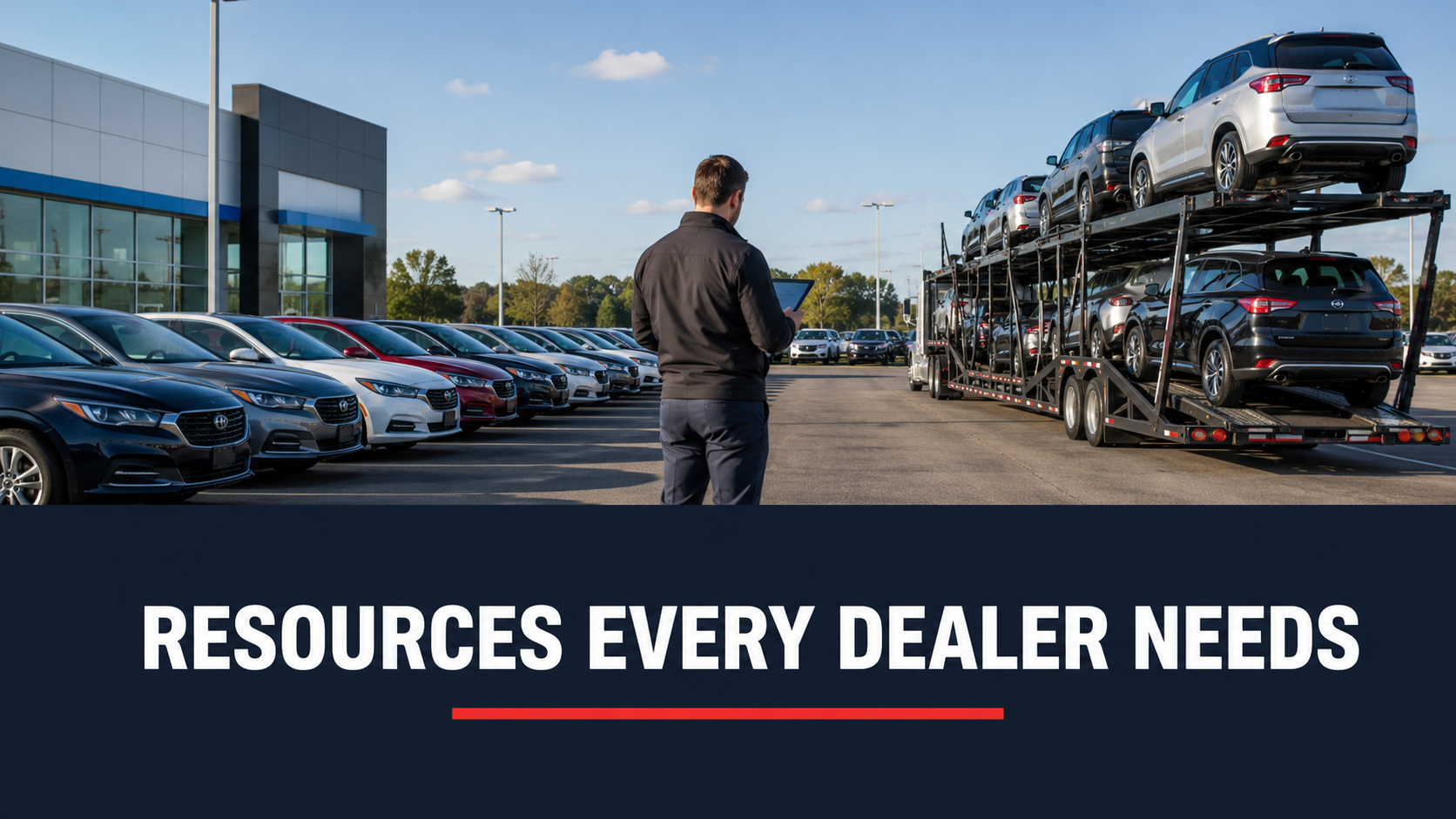 online-resources-for-auto-dealers-featured Online resources for auto dealers over a dealership lot with vehicles staged for transport