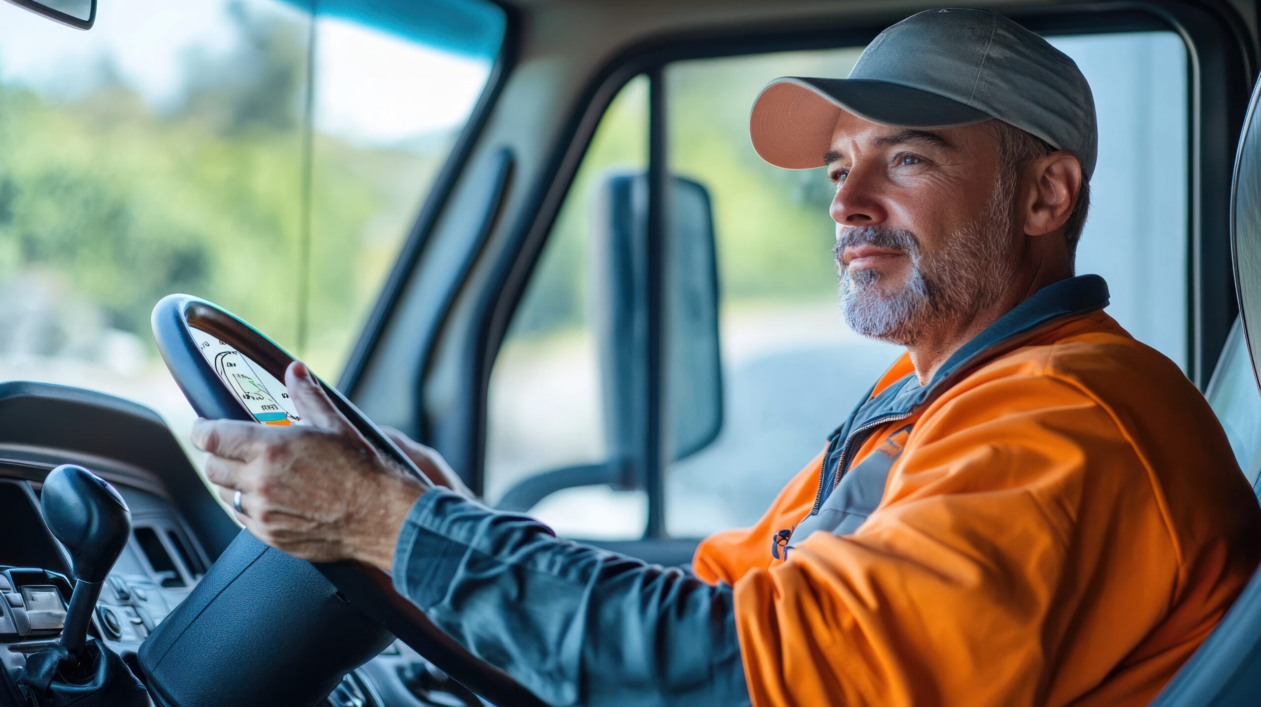 A fleet driver using a GPS device while driving a company vehicle.