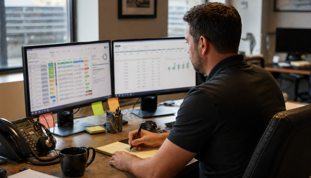 Auto transport broker reviewing a lead pipeline and conversion data on dual monitors in a working brokerage office
