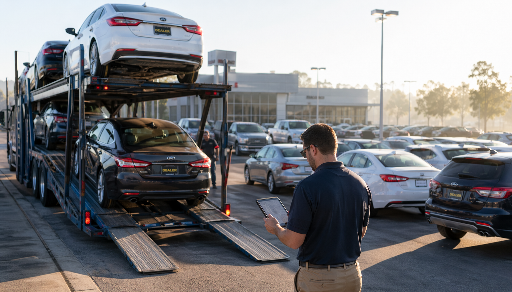 Auto transport for dealers — vehicles being loaded onto a car carrier at a dealership lot