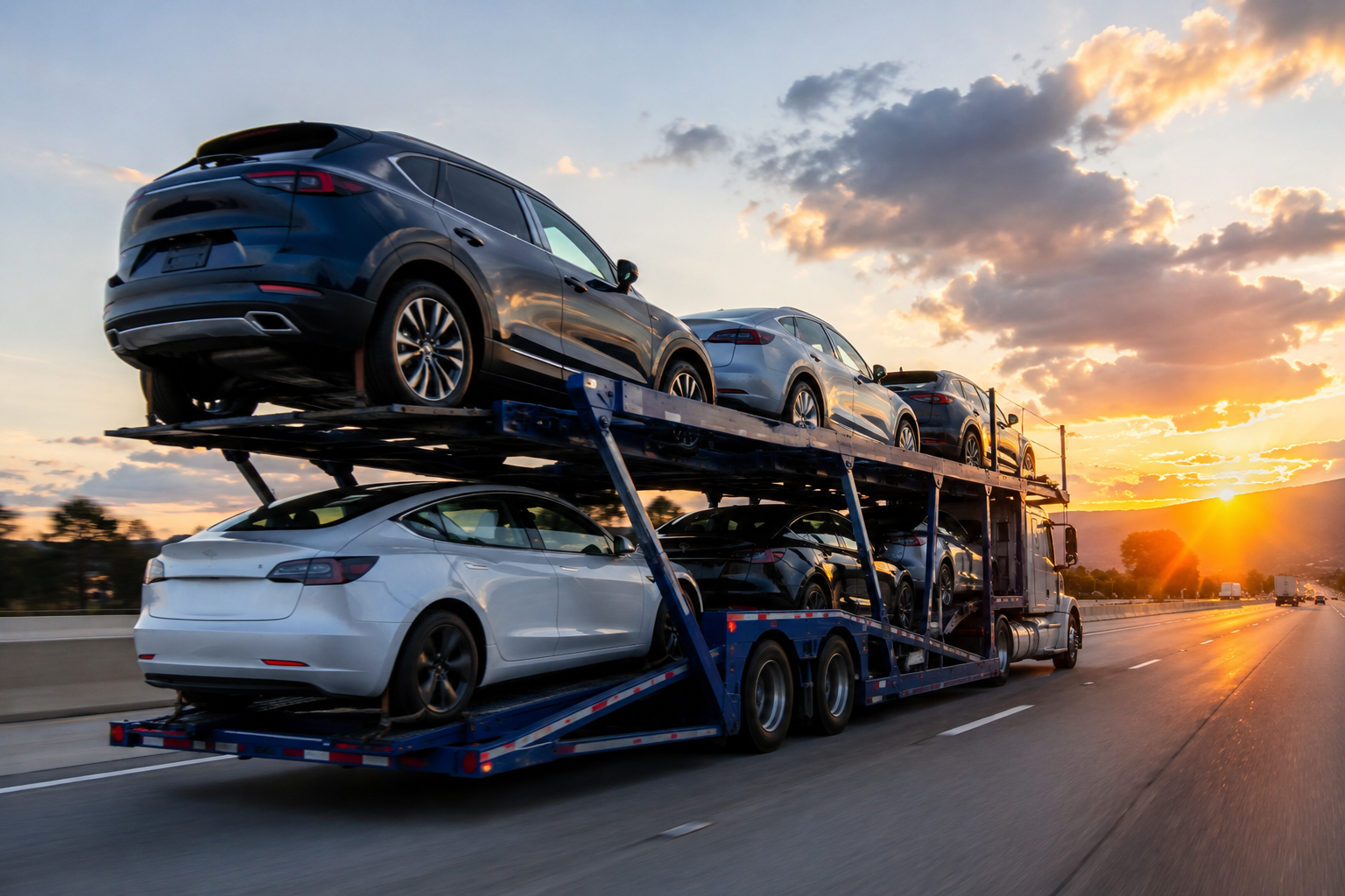 scaling-auto-transport-brokerage Auto transport truck carrying multiple vehicles on a highway at sunset, representing brokerage growth and scalable vehicle shipping operations.