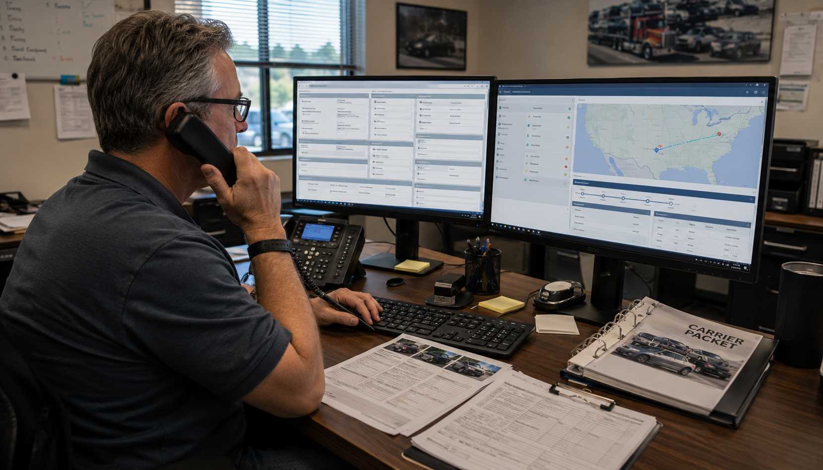 Auto transport dispatcher completing order handoff from CRM to carrier dispatch screen Auto transport dispatcher completing order handoff from CRM to carrier dispatch screen