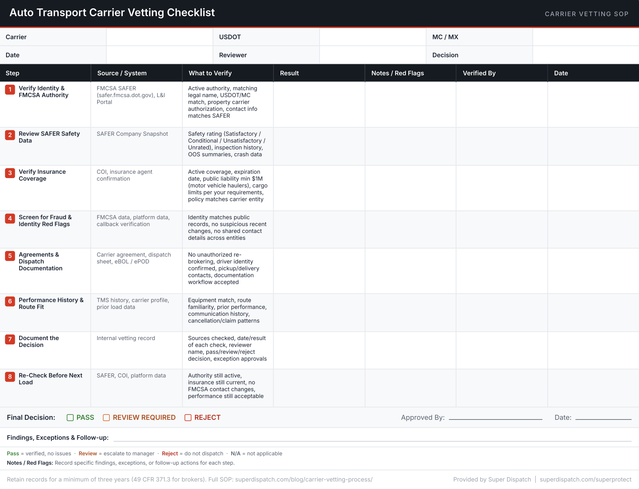 Auto transport carrier vetting checklist - 8-step PDF for shippers and brokers