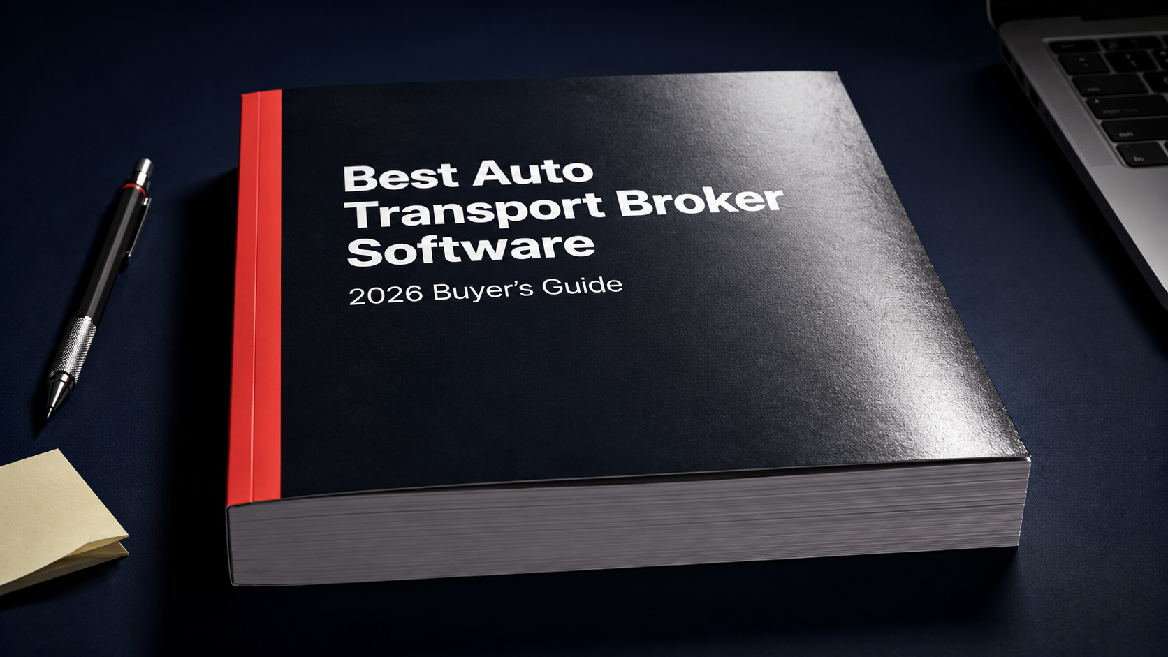 Printed buyer's guide to auto transport broker software on a dark surface