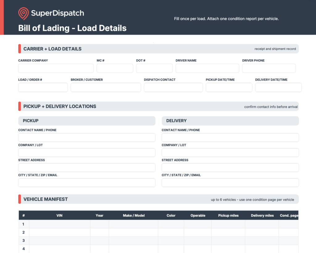 Car Bill of Lading Template Screenshot