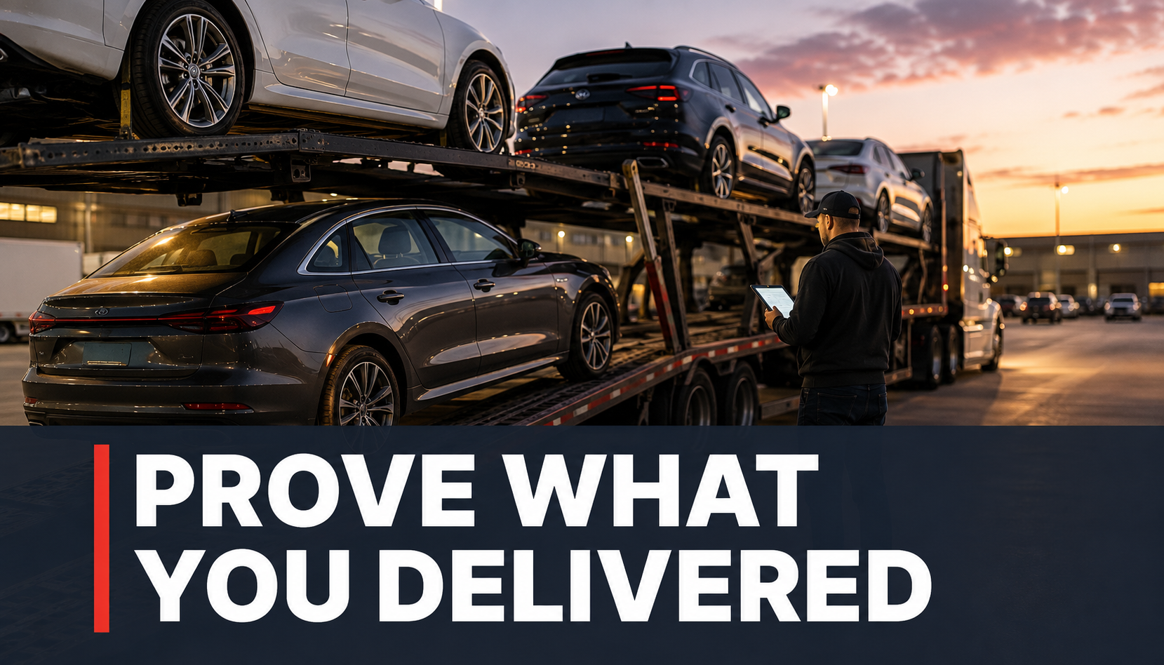 vehicle-condition-report-auto-transport-carrier Car hauler documenting vehicles on an auto transport trailer with the text “Prove What You Delivered”
