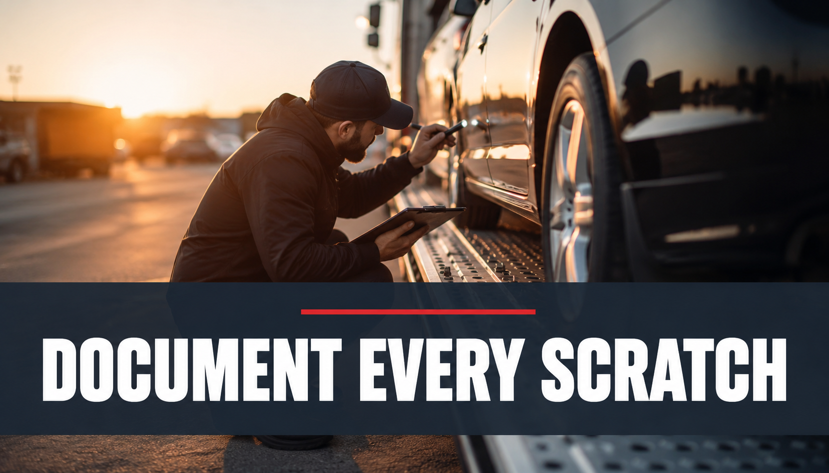 Auto transport driver inspecting a vehicle before signing the car bill of lading Auto transport driver inspecting a vehicle before signing the car bill of lading