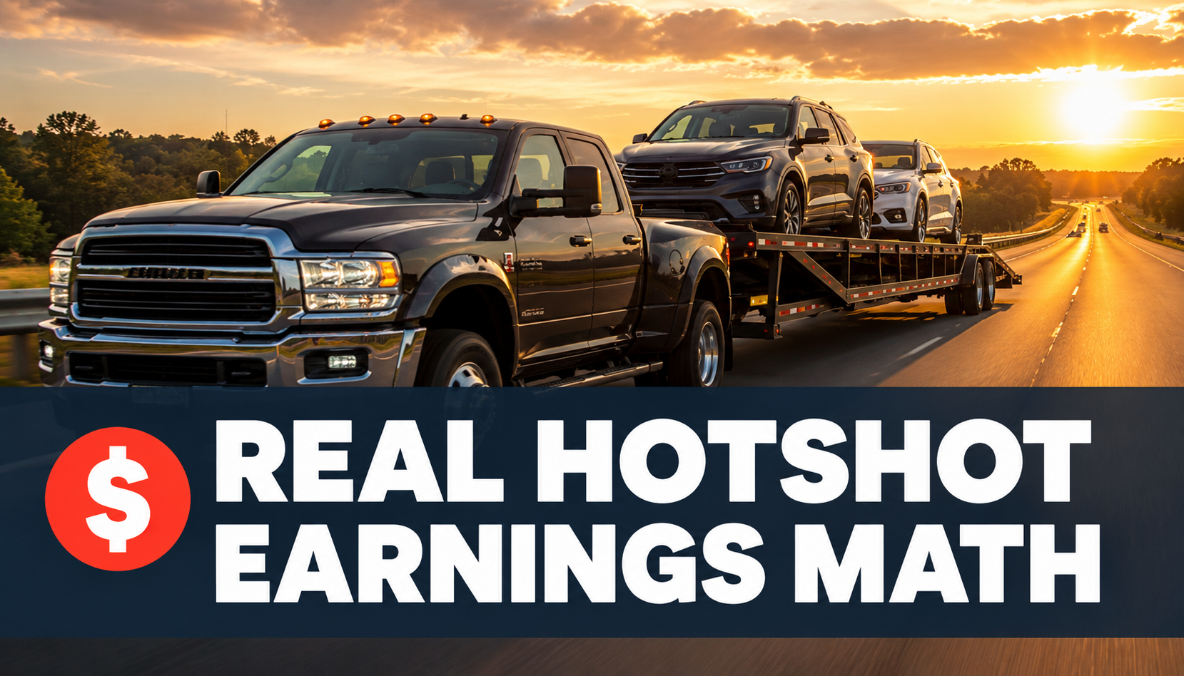 Pickup truck hauling a car trailer with text about real hotshot car hauling income