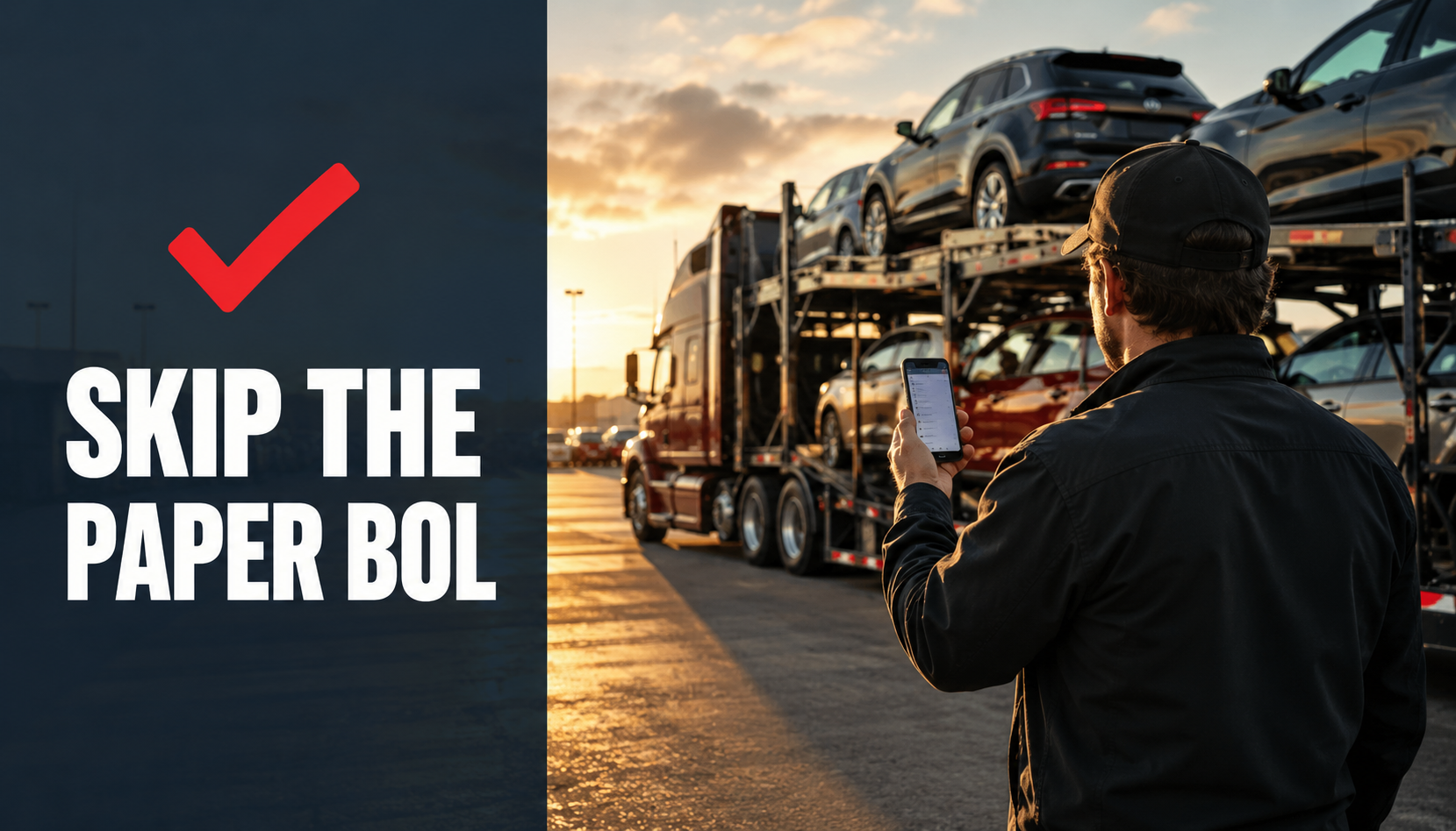 Car hauler using eBOL software on a mobile phone during vehicle delivery inspection