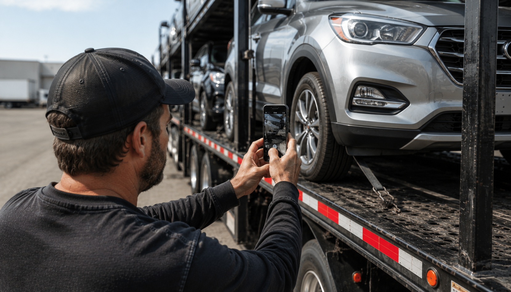 Digital vehicle condition inspection with eBOL software showing photo documentation at pickup