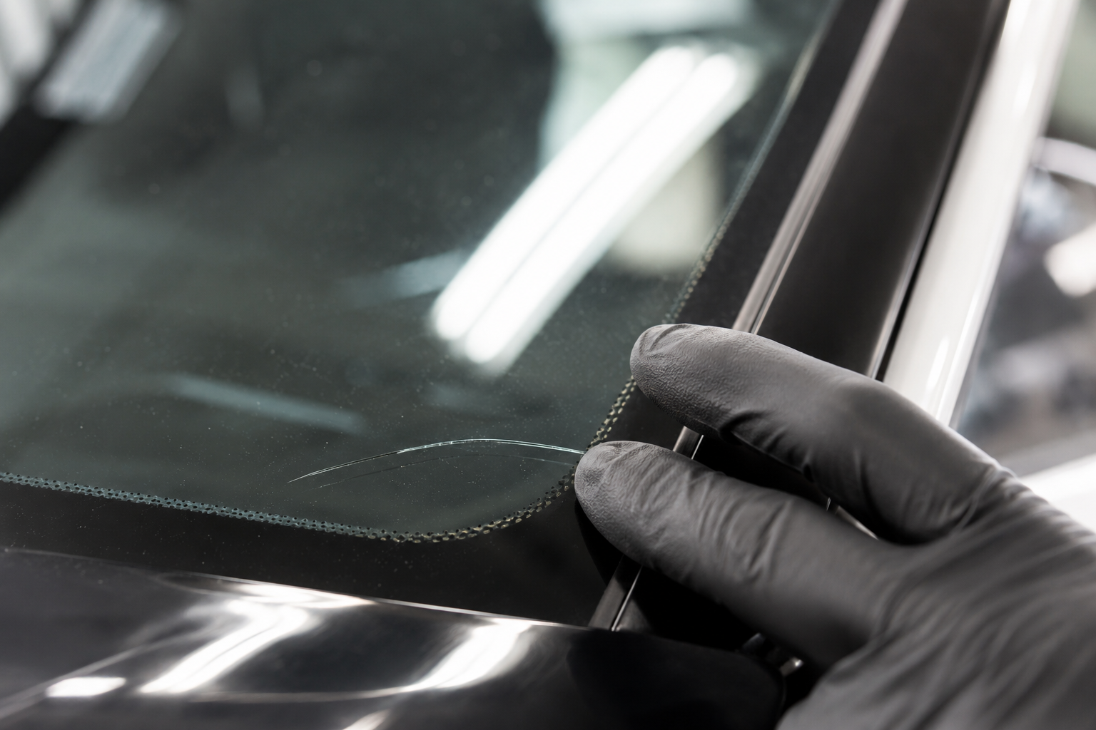 Close-up of a windshield marked during an AIAG damage code inspection