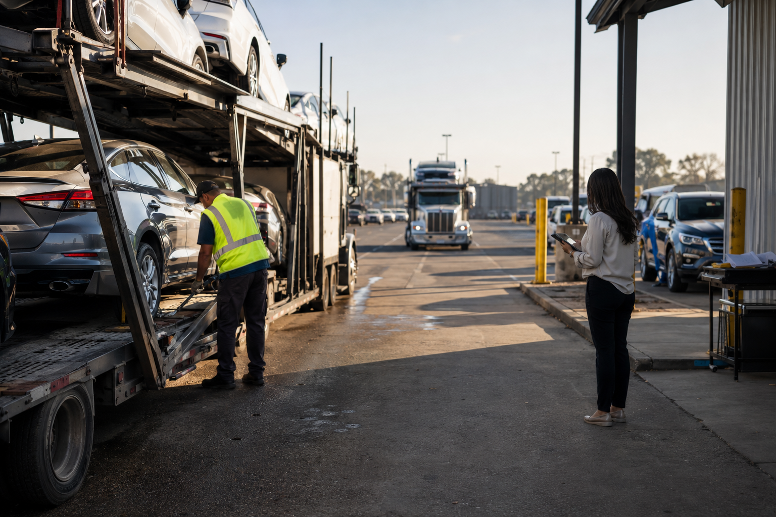 Auto transport broker and dispatcher roles at a vehicle staging area
