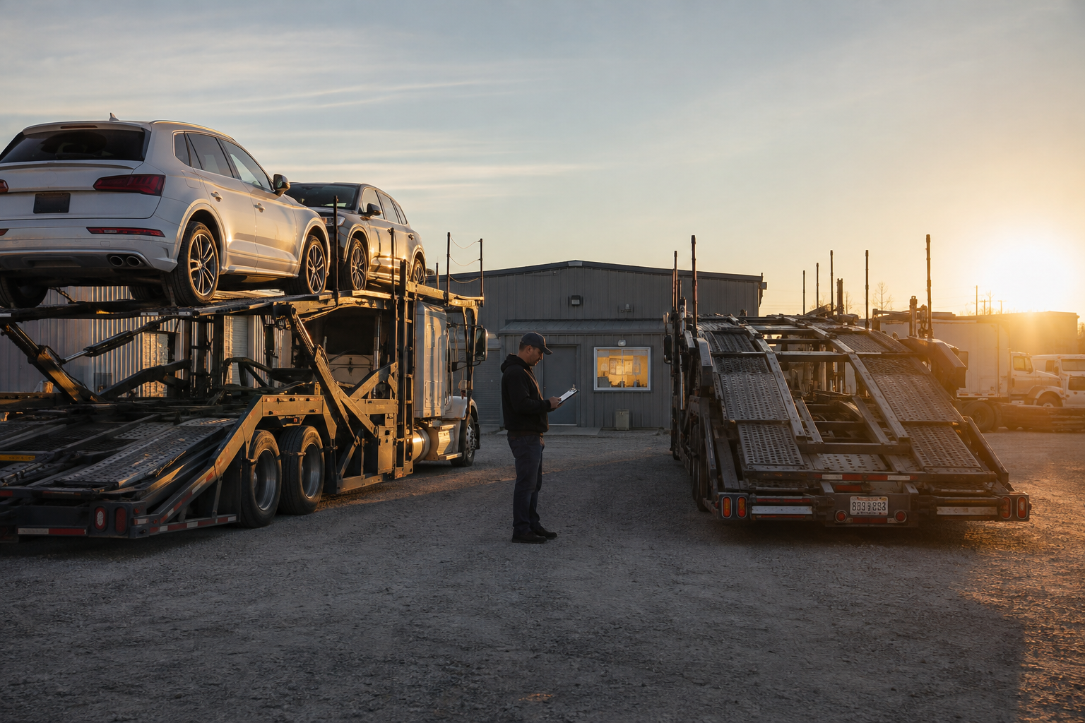 ChatGPT Image Aug 13, 2026, 12_52_30 PM Auto transport fleet yard at dawn with carrier reviewing TMS software cost on tablet