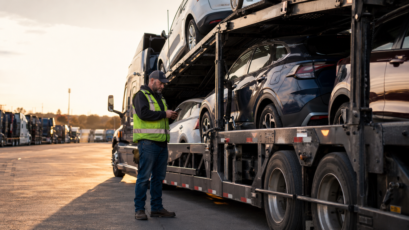 Car hauler driver inspecting a loaded trailer at a fleet yard, representing a verified carrier