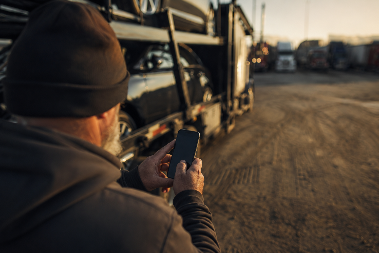 Car hauler using instant booking on an auto transport load board beside a car carrier Car hauler using instant booking on an auto transport load board beside a car carrier